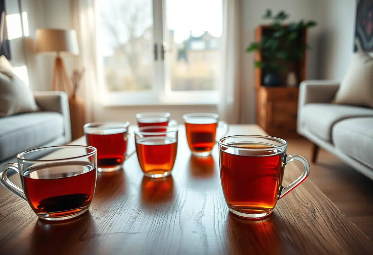 Tasses de thé sur une table basse en bois dans un salon accueillant, magazine Boutique du Plaisir