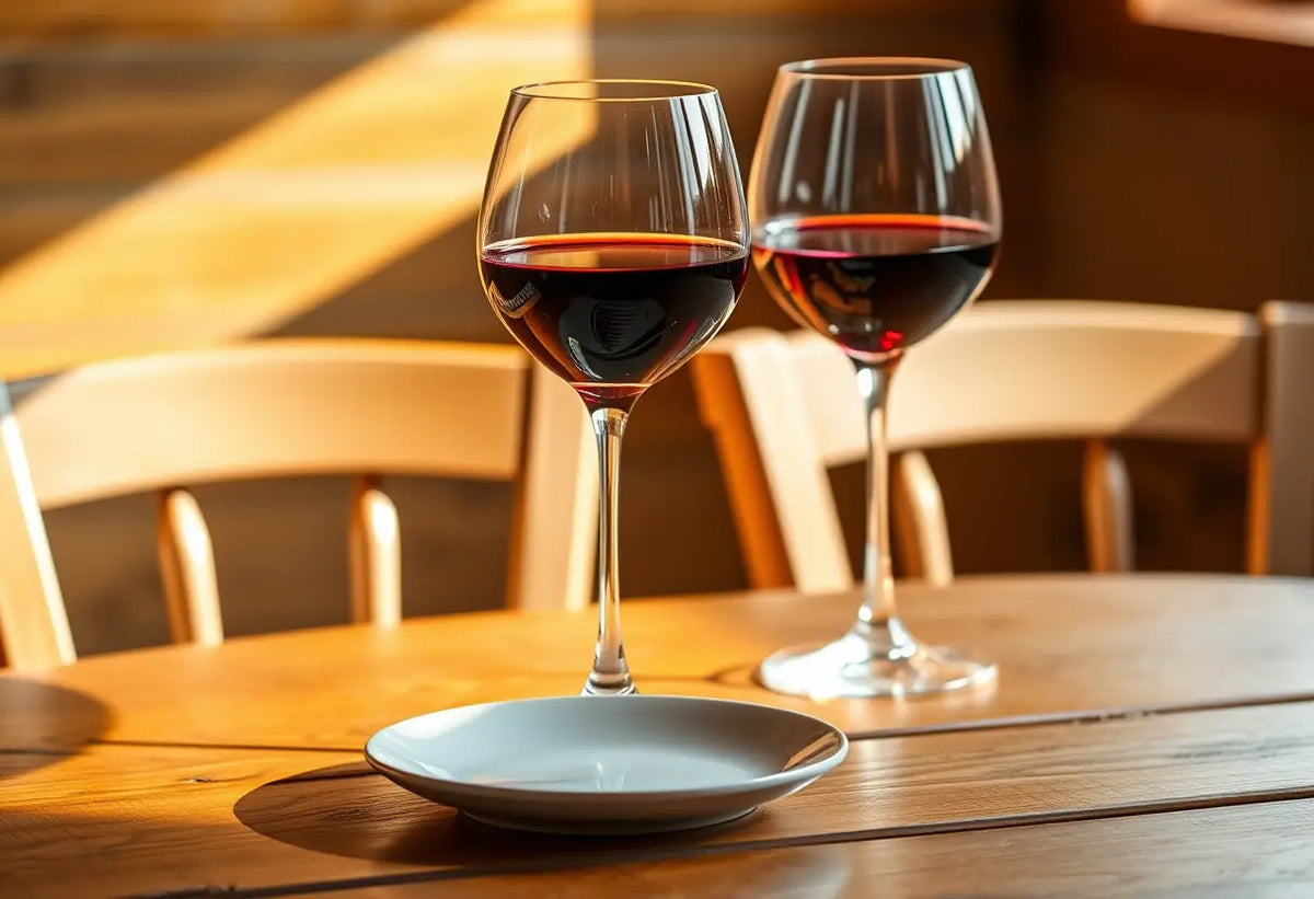Un couvert pour deux avec deux verres de vin rouge