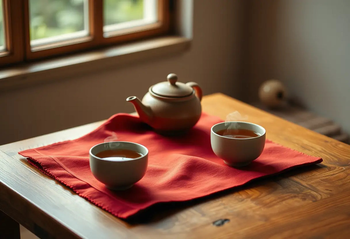 Une table avec une théière et deux tasses de thé, dans une lumière douce