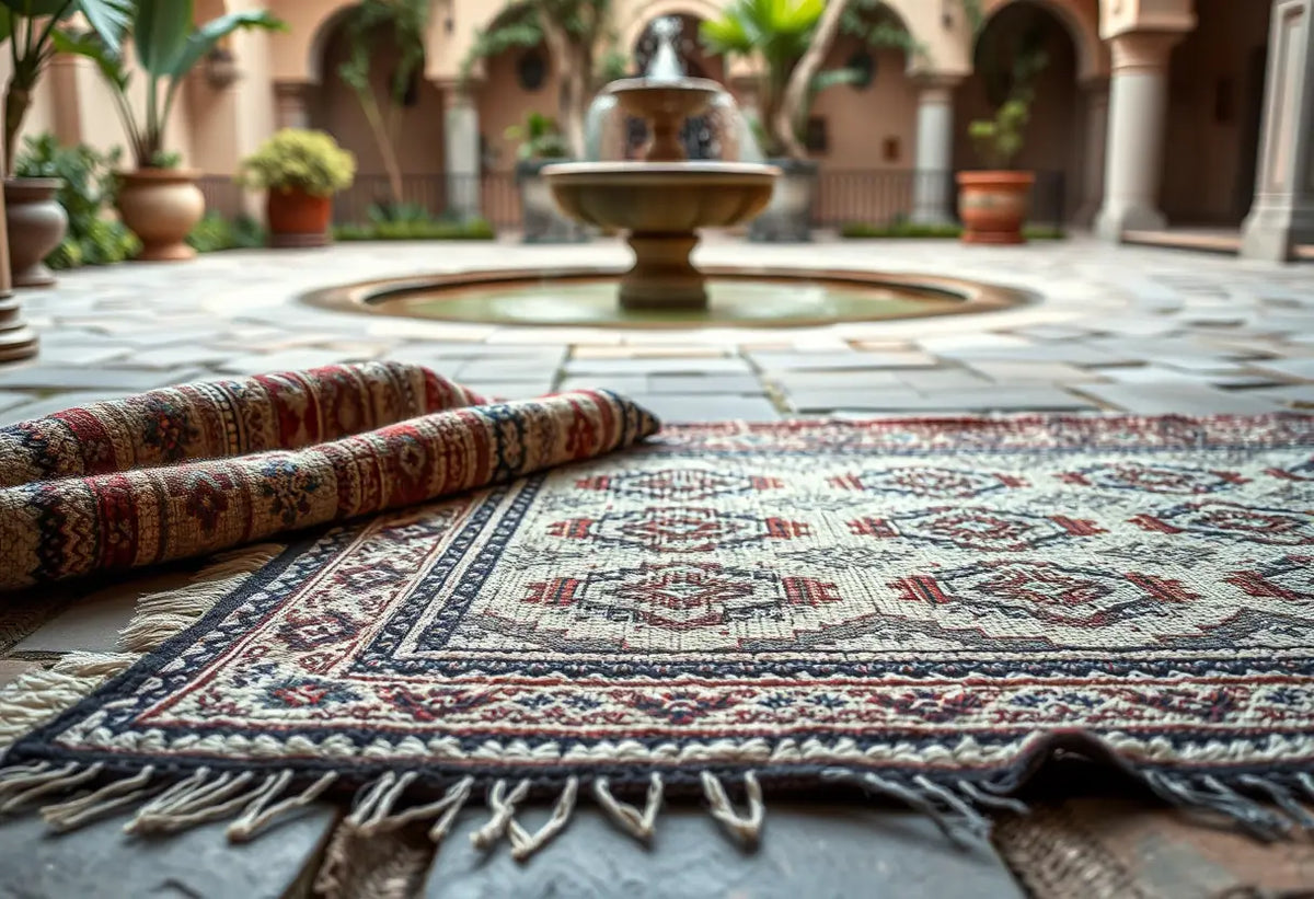 Plan rapproché d’un tapis en laine artisanalement travaillé avec des motifs géométriques complexes posé sur un sol en pierre dans un jardin de riad marocain