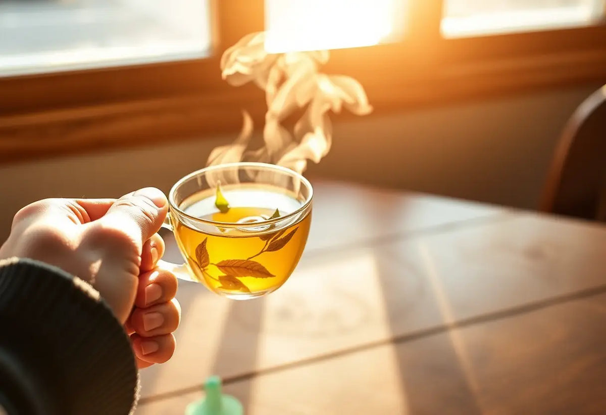 Une main tenant une tasse de thé chaud sur une table en bois, éclairée par la lumière naturelle.