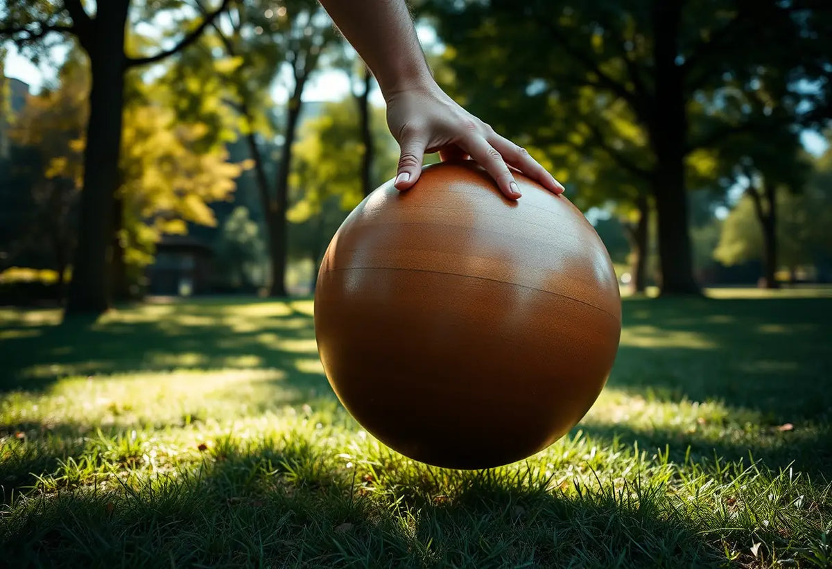 Main de l'homme tenant une balle d'exercice en bois dans un parc, lumière naturelle
