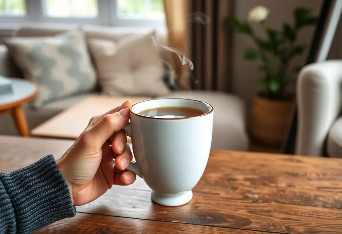 Des mains tenant une tasse de thé chaud dans un salon accueillant