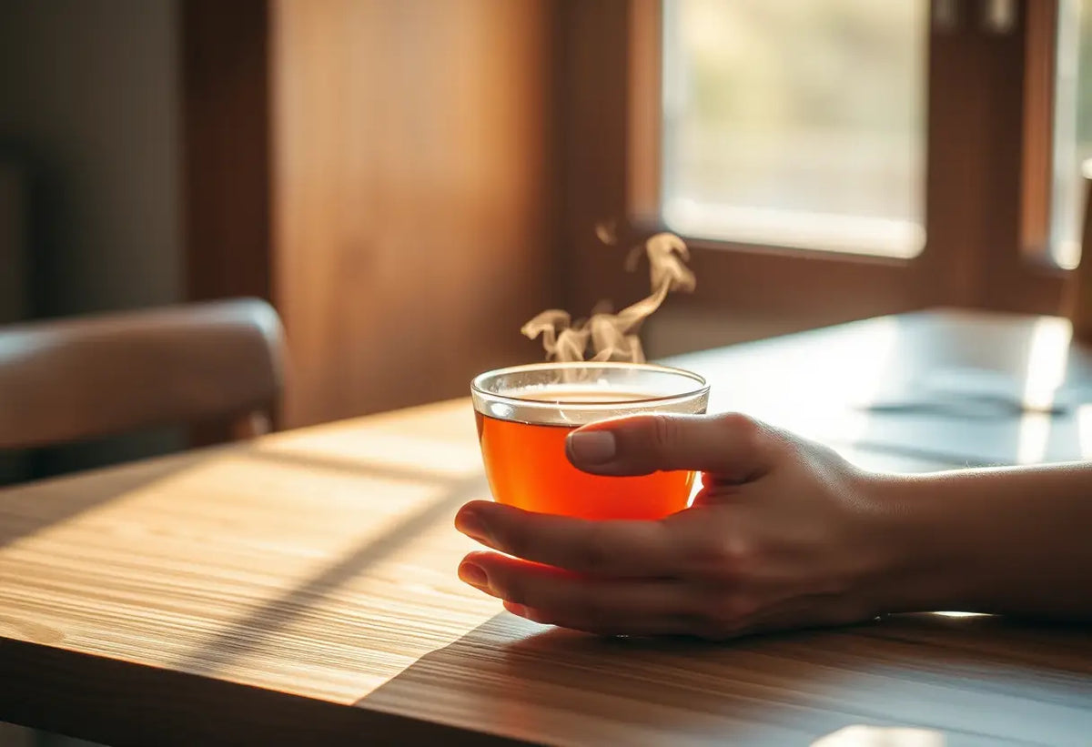 Une main tenant une tasse de thé fumant sur une table de bois, éclairée par la lumière du soleil
