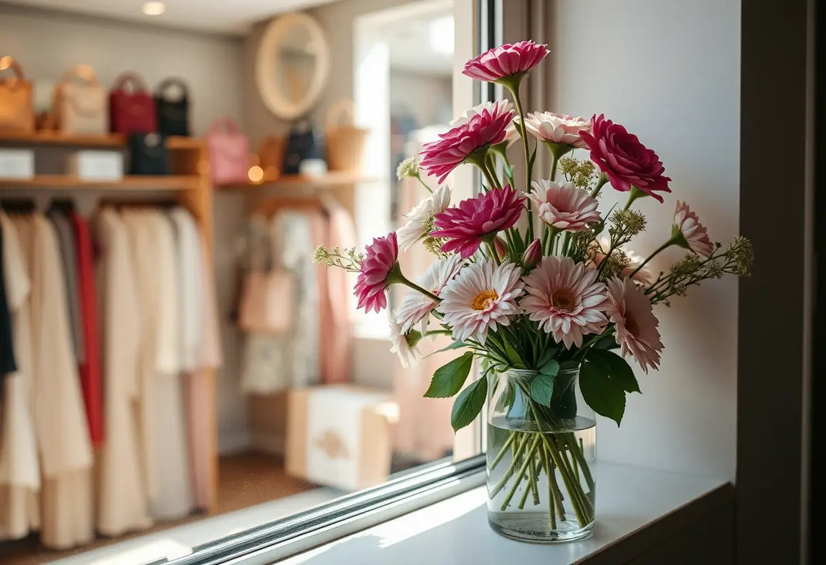Un vase de fleurs fraîches sur un rebord de fenêtre