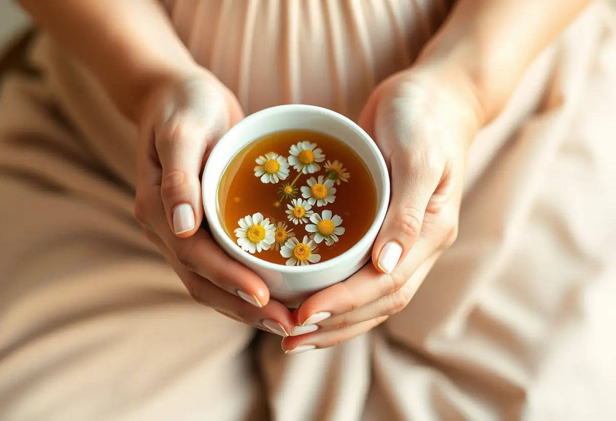 Des mains tenant une tasse de thé de camomille, rituel apaisant pour faciliter l'accouchement