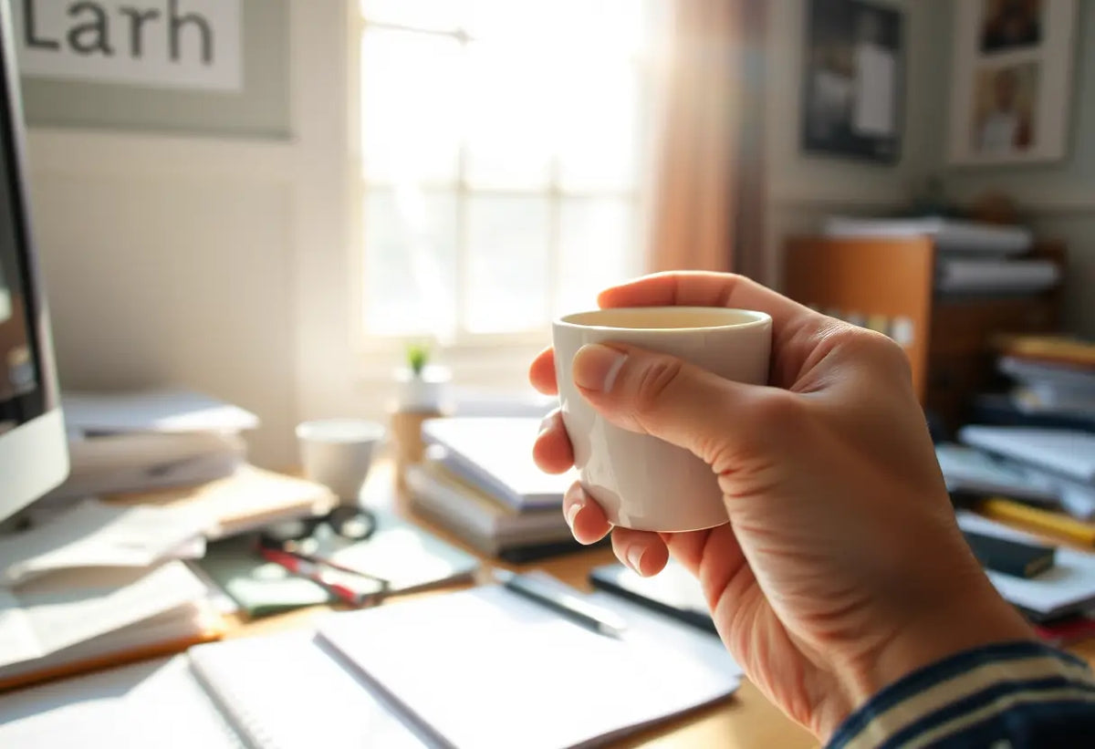 Une main tenant une tasse de café sur un bureau en désordre, lumière du matin