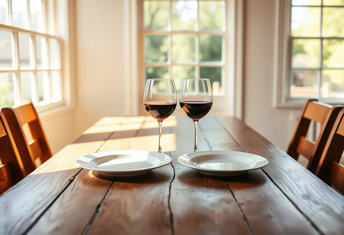 Table dressée pour deux avec deux verres de vin rouge, rappelant l'importance de partager des moments intimes