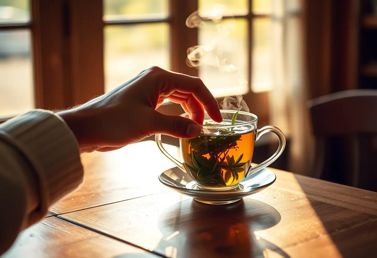 Une main tendue vers une tasse de thé chaud sur une table en bois