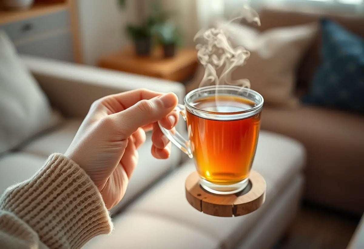 Une main tenant une tasse de thé herbeux dans un salon accueillant