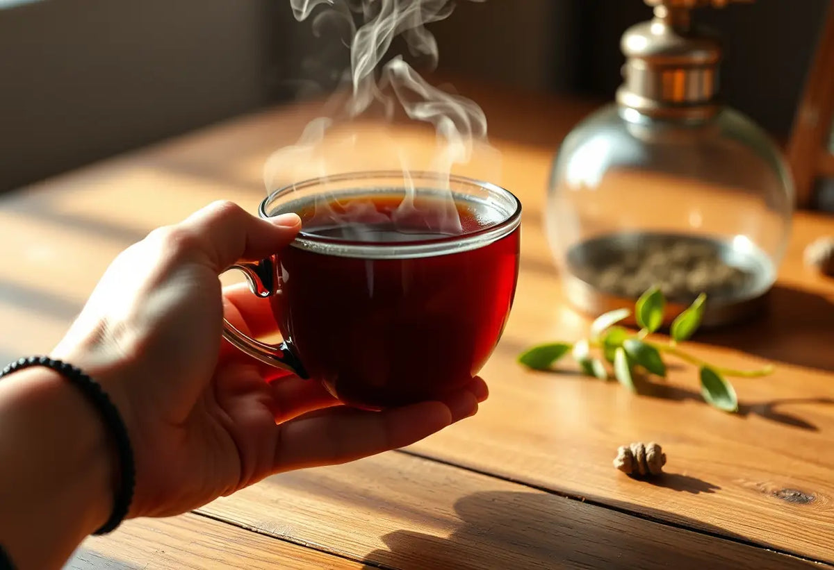 Une main tenant une tasse de thé herbagé, évoquant la douceur de la séduction
