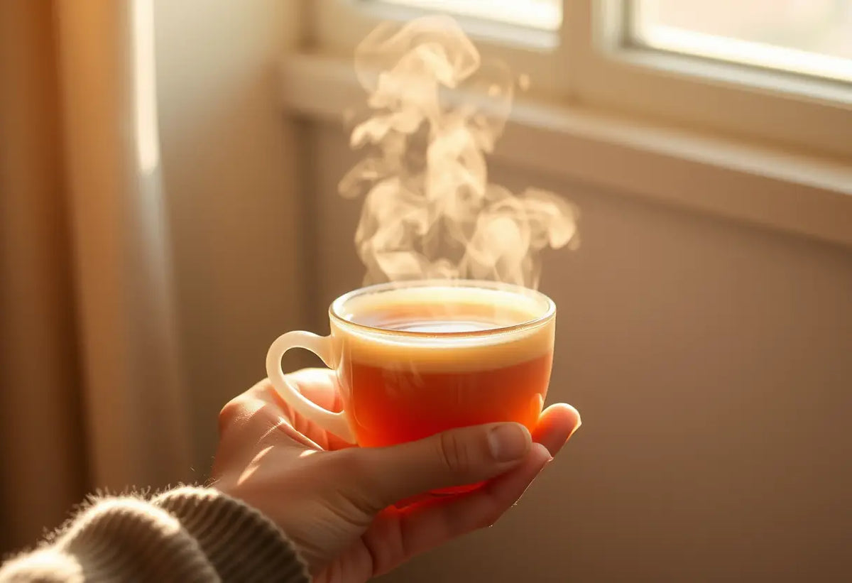 Une main tenant une tasse de thé chaud, la lumière du soleil filtre à travers une fenêtre, éclairant la vapeur qui monte légèrement.