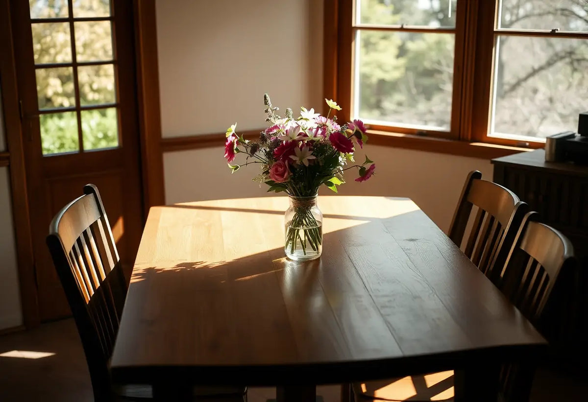 Une table avec un vase de fleurs fraîches au centre, entourée de chaises