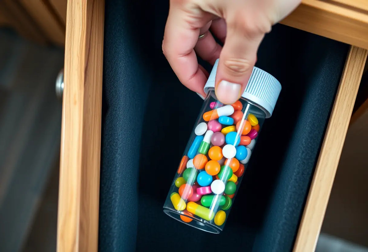 Main qui prend des comprimés de contraception dans une cuisine