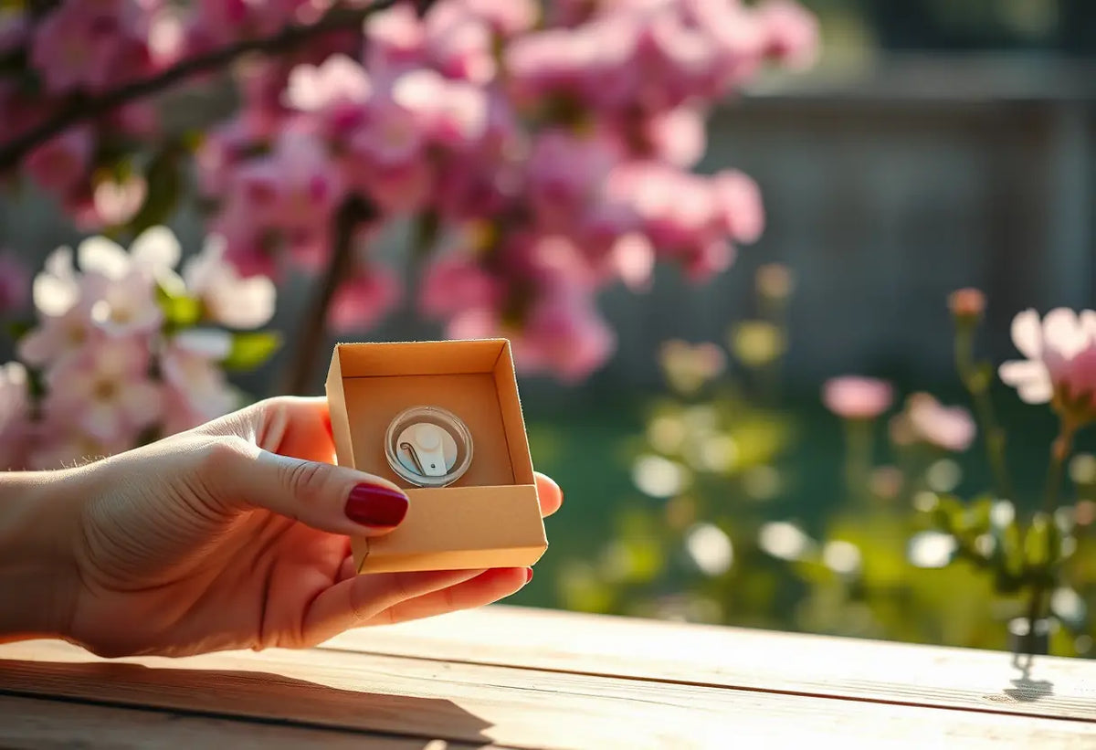 Une main féminine tient une boîte en carton contenant un dispositif contraceptif, sur une table en bois en plein air