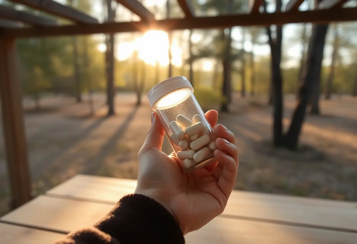 Une main féminine tient un flacon de pilules sur une table de jardin, matinée
