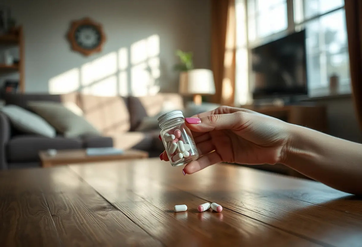 Une main féminine tenant une petite bouteille de comprimés sur une table de salon, contraception d'urgence
