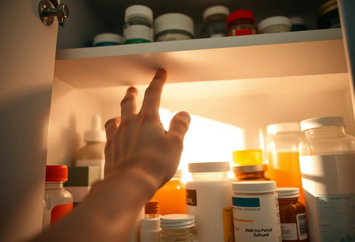 Une main se tend vers un meuble à pharmacie avec divers flacons