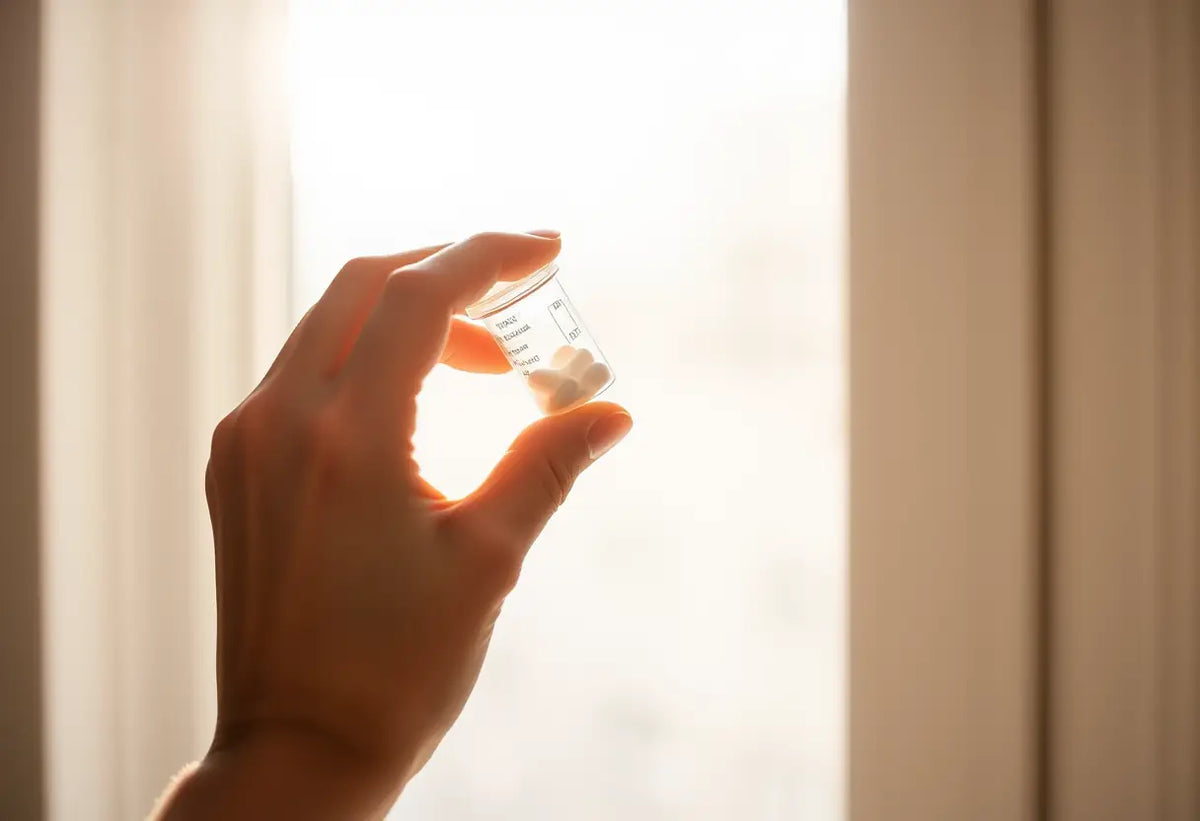Une main féminine tenant un conteneur cylindrique de pilules no