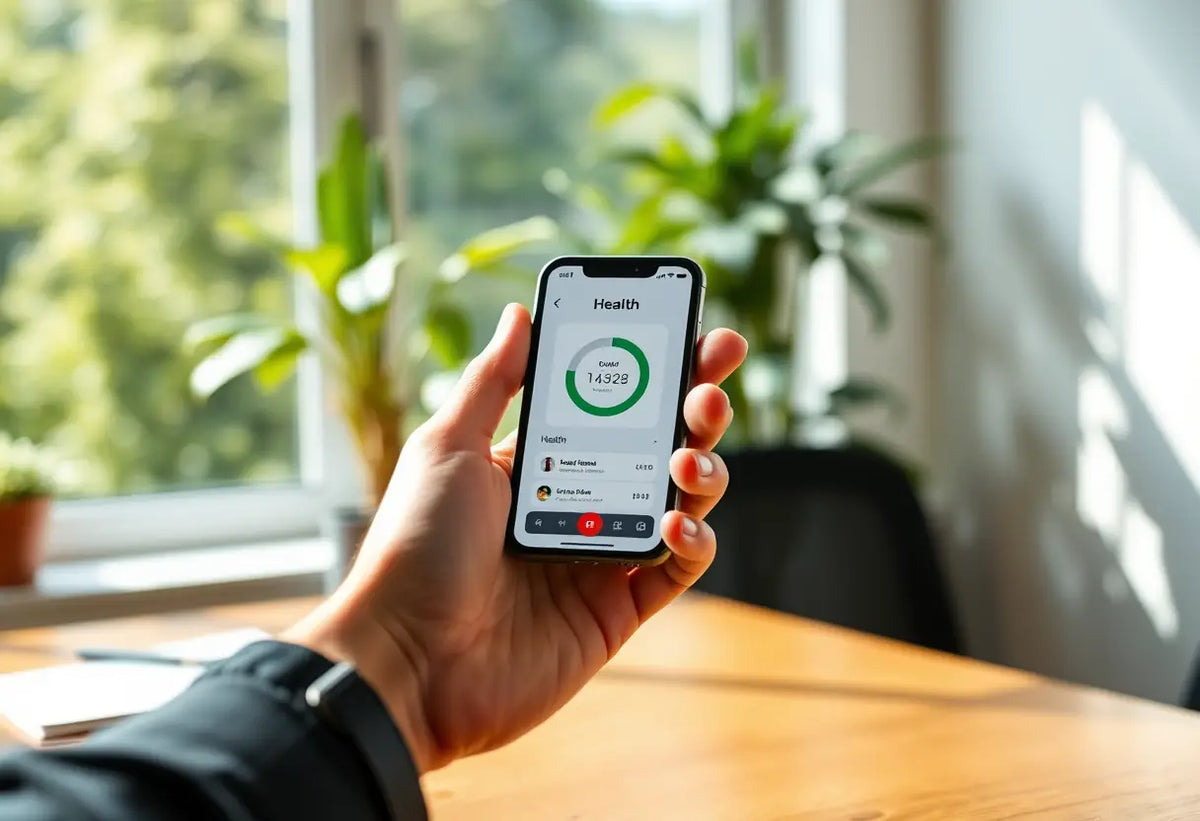 Une main tenant un smartphone affichant une application de santé sur un bureau, contraception d'urgence.