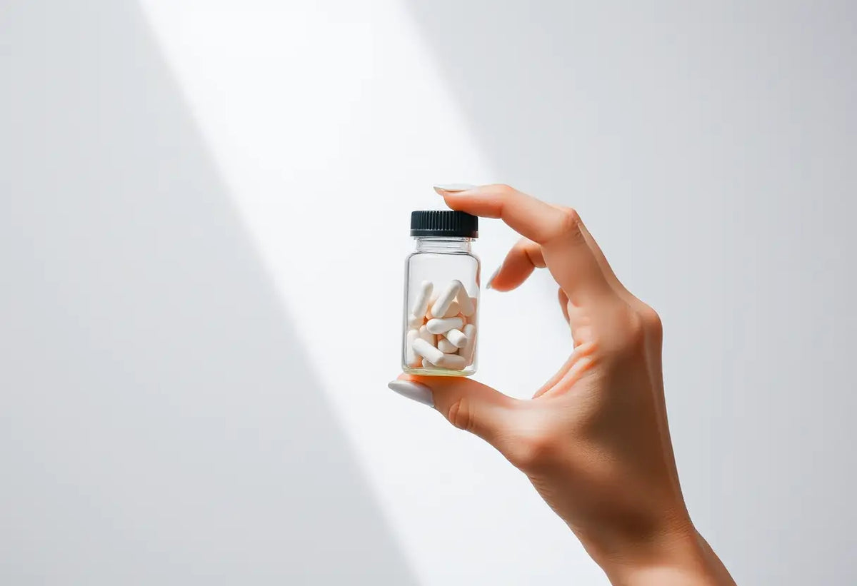 Main de femme tenant une petite bouteille de comprimés pour la contraception d'urgence