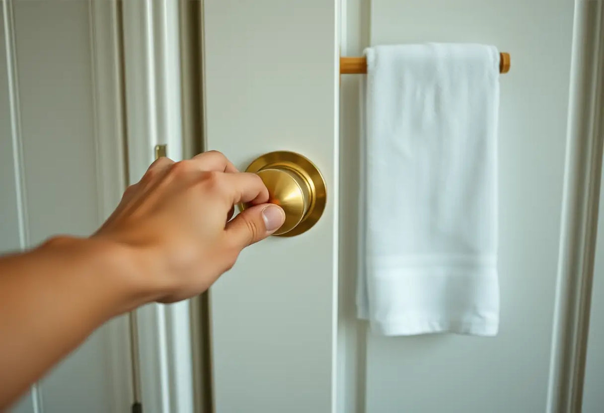 Une main tourne le bouton de porte en laiton, à côté une serviette de bain sur un porte-serviettes en bois