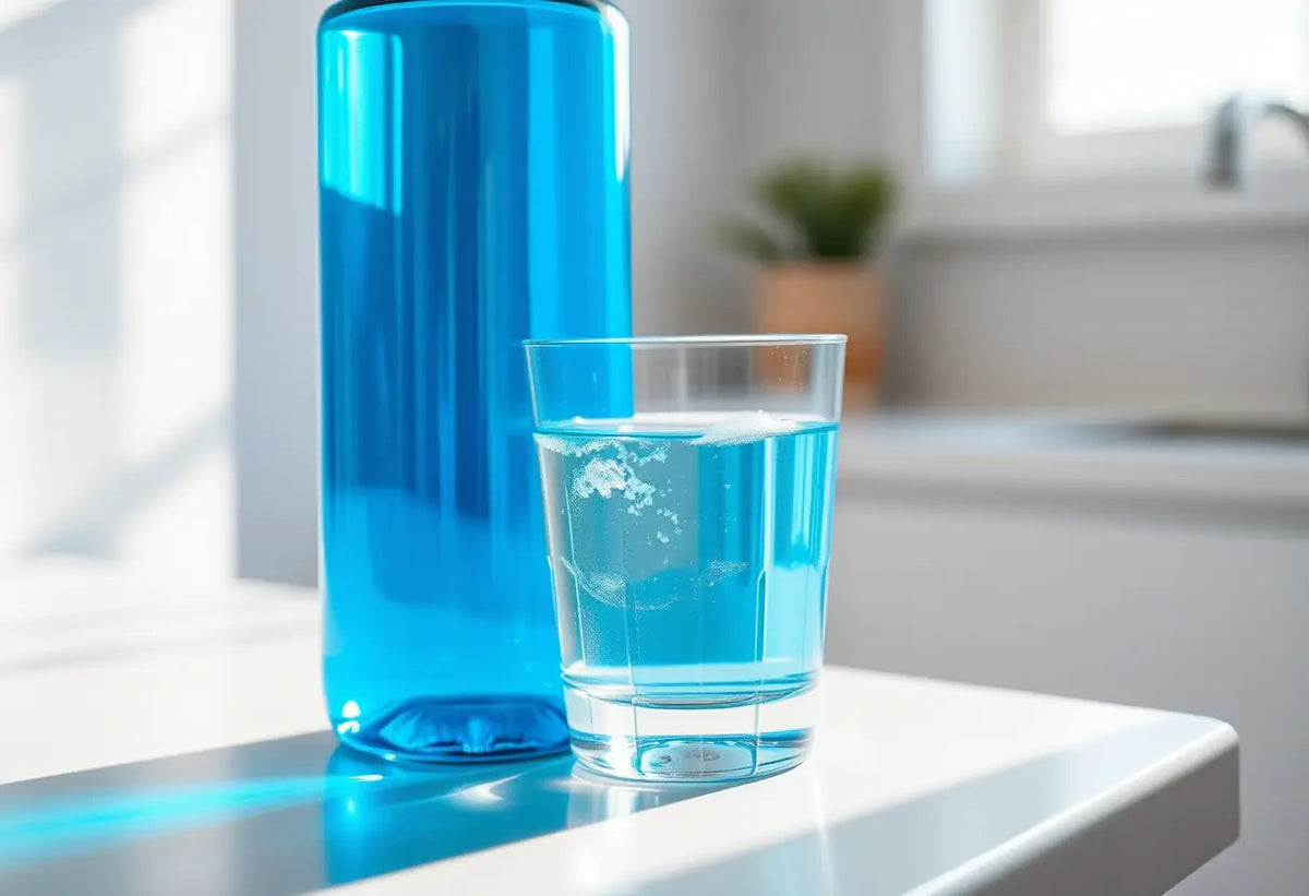 Un flacon de liquide bleu posé sur un comptoir blanc
