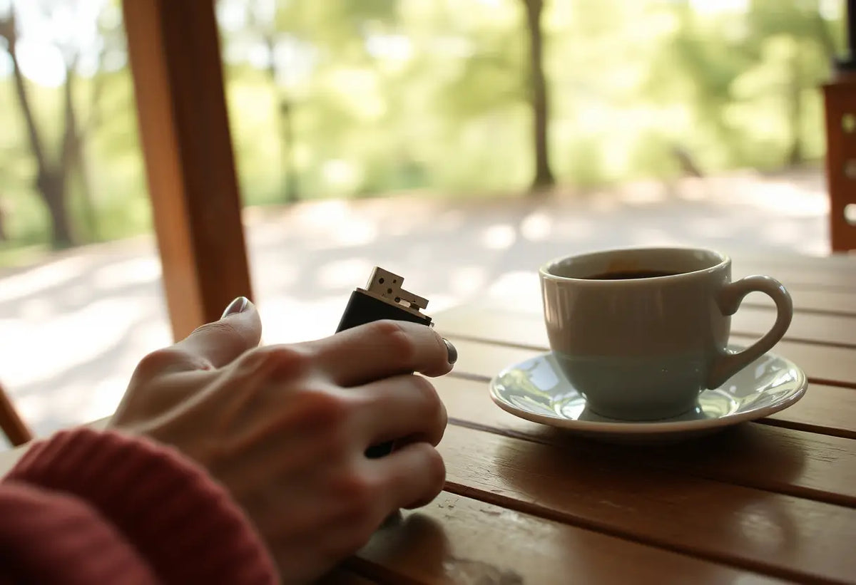 Main photo : main de femme tenant un briquet à côté d’une tasse de café sur une table en plein air