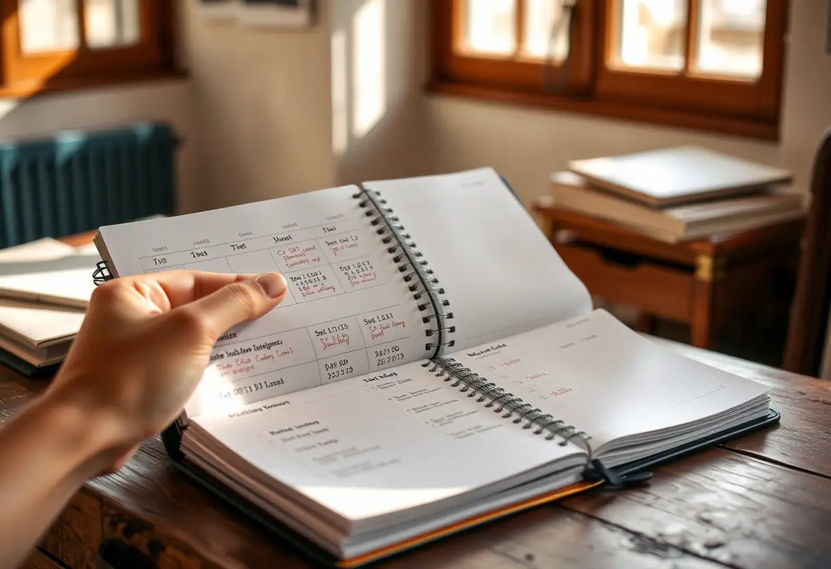 Une main tourne les pages d'un planificateur pour suivre le cycle menstruel