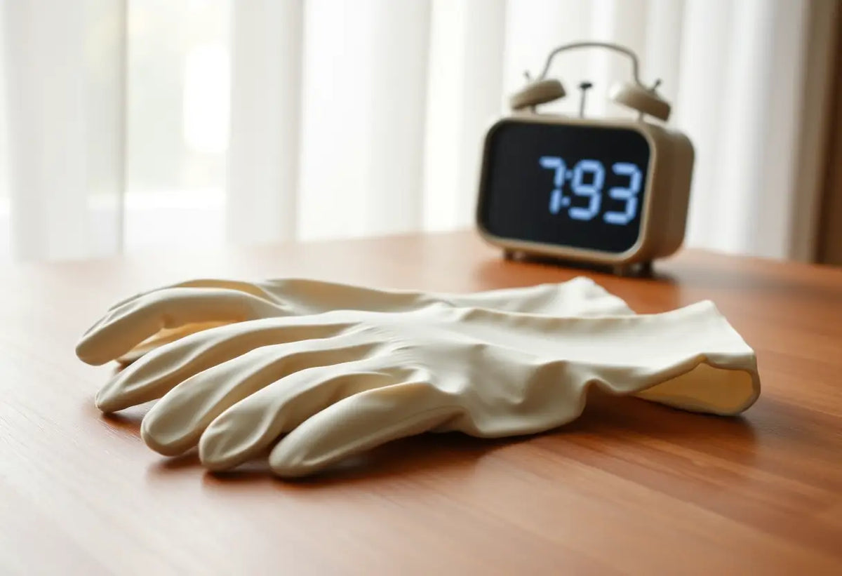 Un gant en latex libre sur une table, lumière du matin