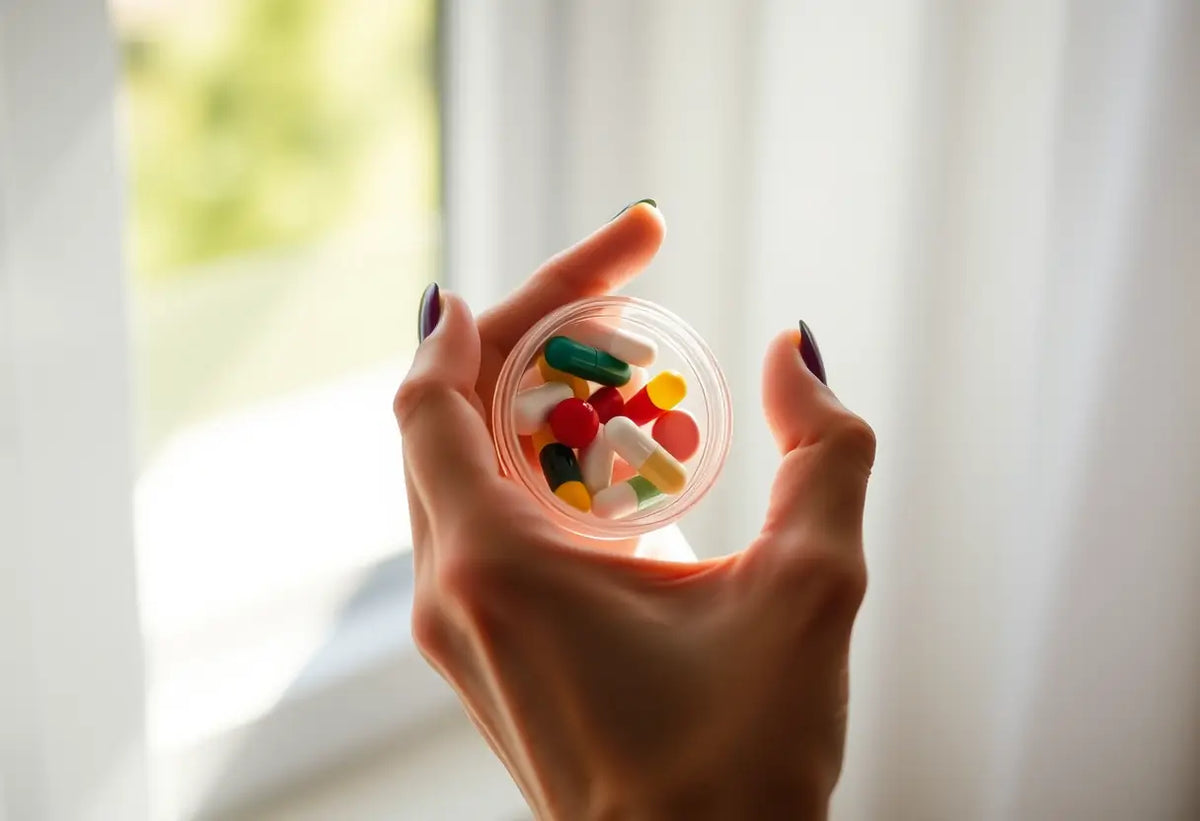 Une main féminine tient un petit contenant de comprimés colorés, lumière naturelle
