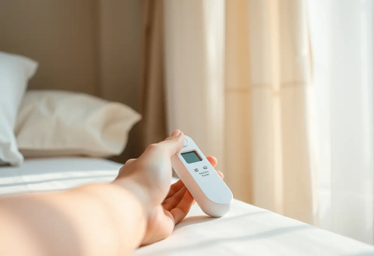 Main posant un dispositif de prise de température sur une table de nuit