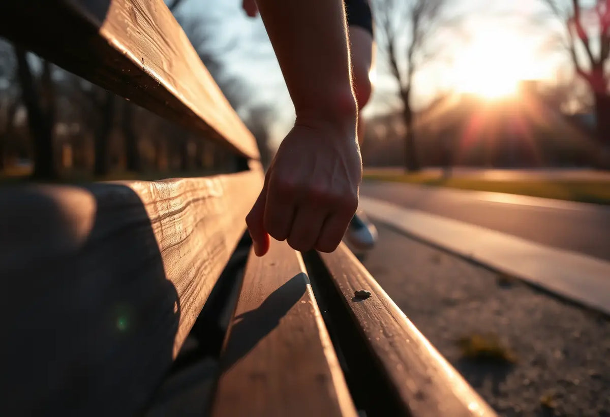 Main de coureur tenant une rampe de banc dans un parc après un sprint