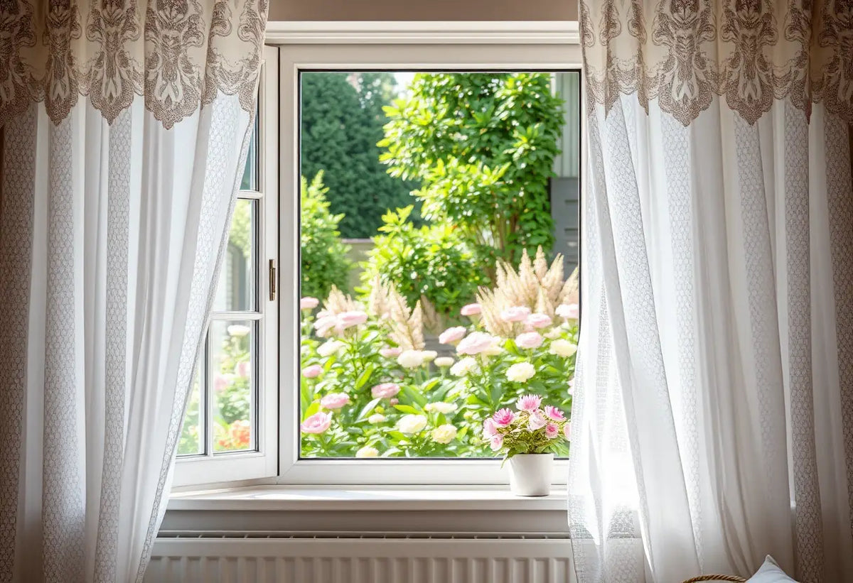 Fenêtre donnant sur un jardin fleuri, symbole d'espoir et de nouveaux départs