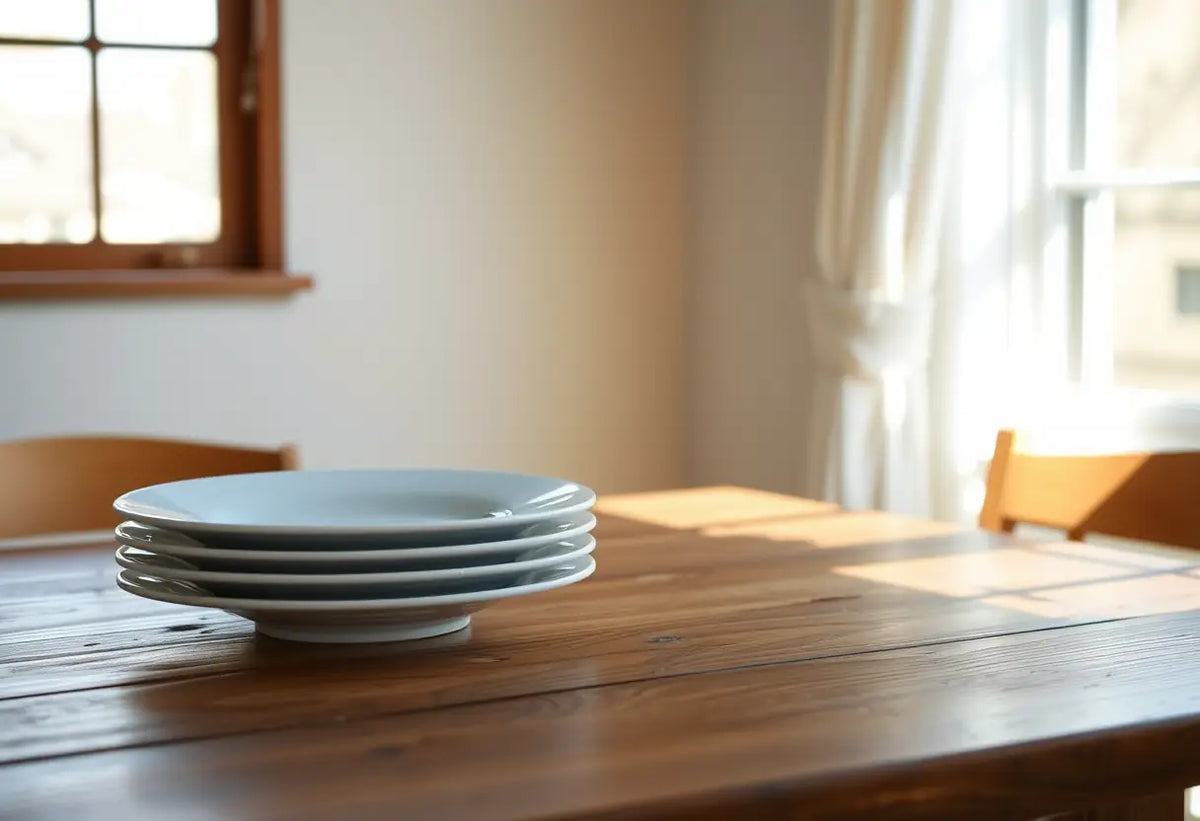 Un buffet avec des assiettes propres dans une pièce baignée de lumière naturelle