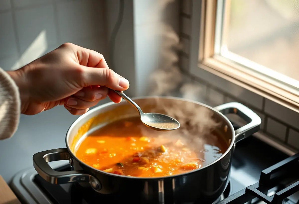 Une main qui remue une soupe, dans la cuisine, en parlant de la libido