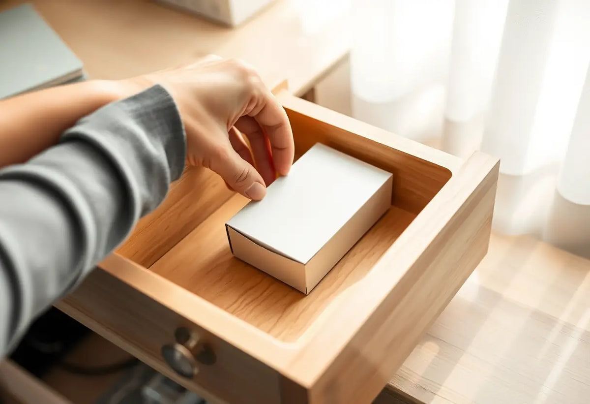 Une main sort une boîte en carton de laquelle on choisit une méthode contraceptive