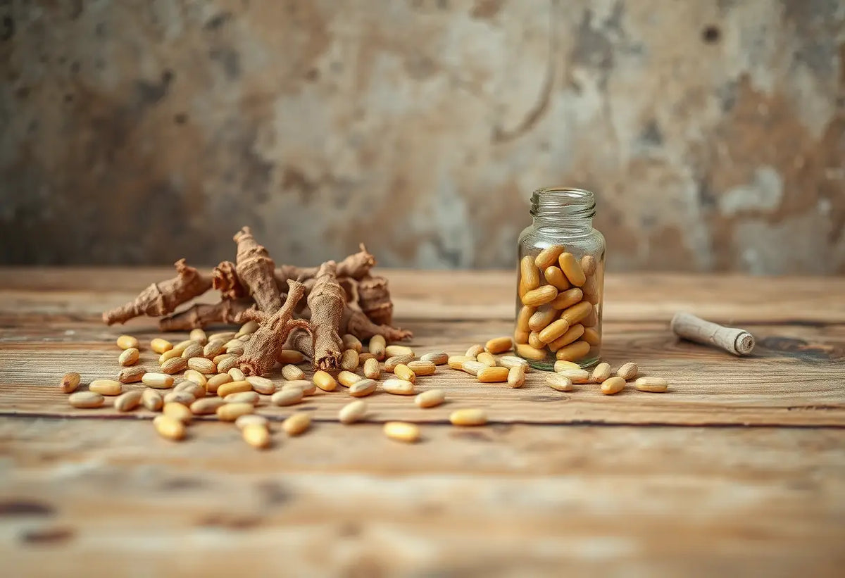 Tableau avec des racines d'ashwagandha et une bouteille d'herbes