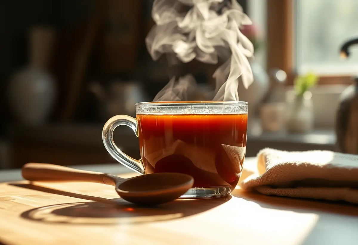 Tasse de thé aux herbes sur une table de cuisine, éclairée par la lumière naturelle