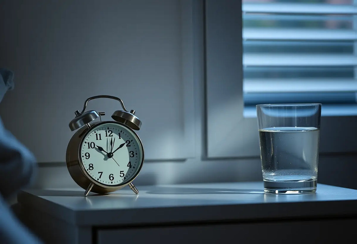 Horloge et verre d'eau sur chevet