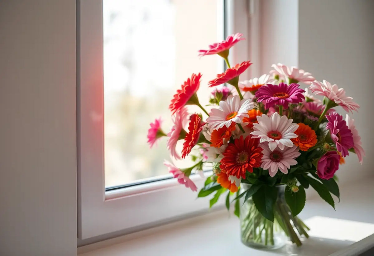 Un bouquet de fleurs fraîches sur un rebord de fenêtre baigné de lumière naturelle