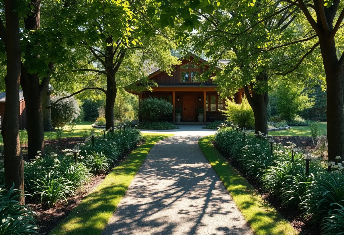 Chemin menant à une maison accueillante au soleil filtré par les arbres
