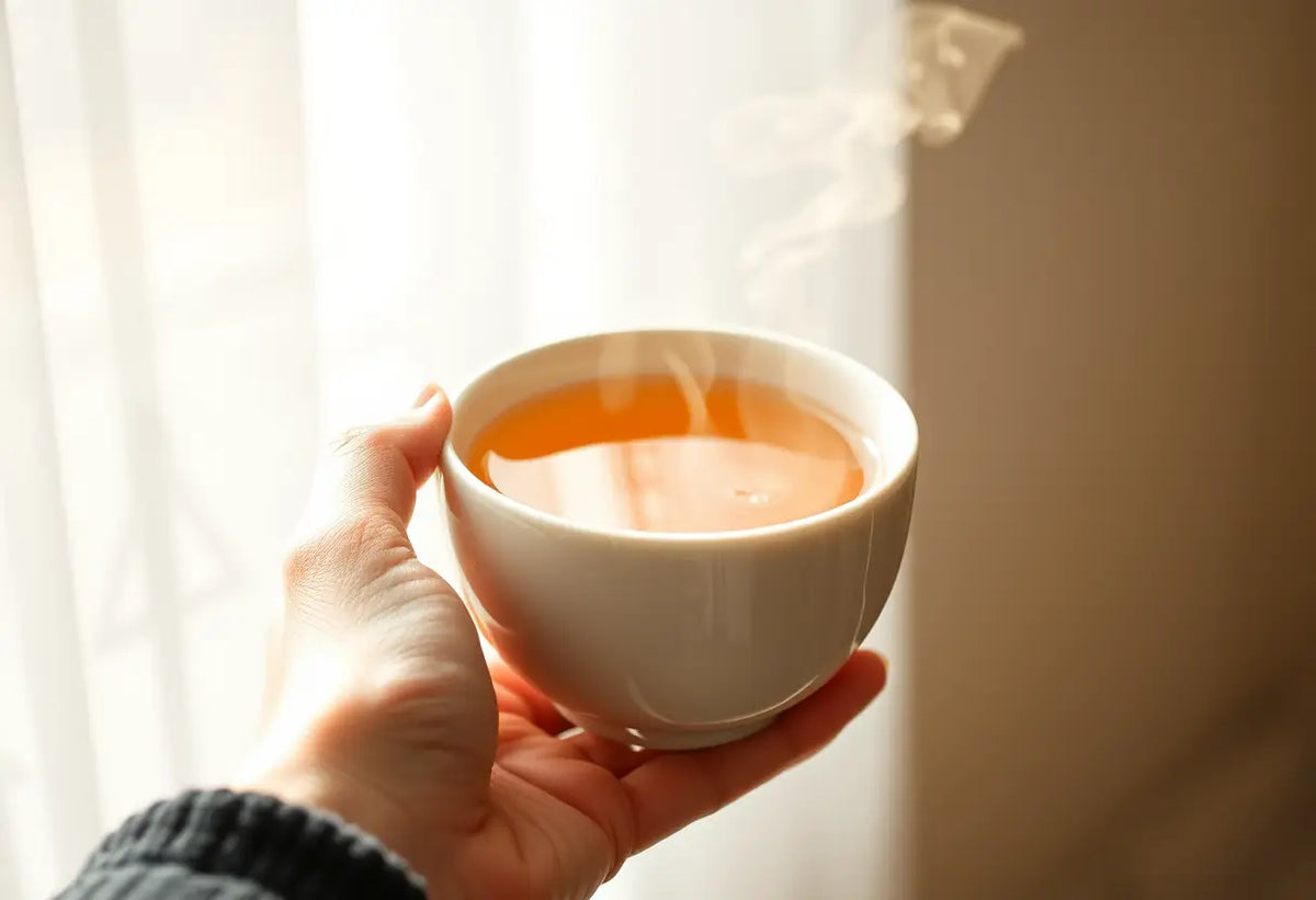 Main photo : Une main tenant une tasse de thé chaud pour se consoler