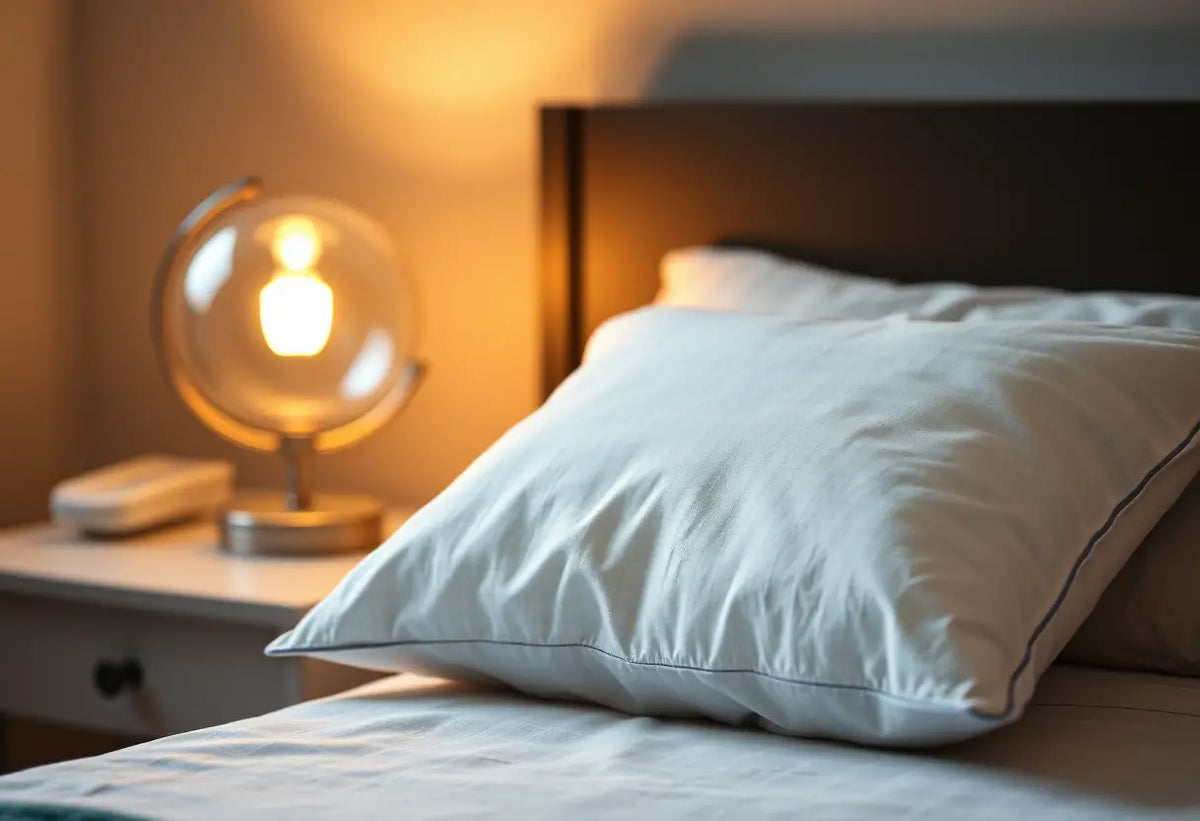 Un coussin en coton doux à côté d'une petite commode, éclairé par une lampe chaude, rappelant le besoin de repos après l'intervention