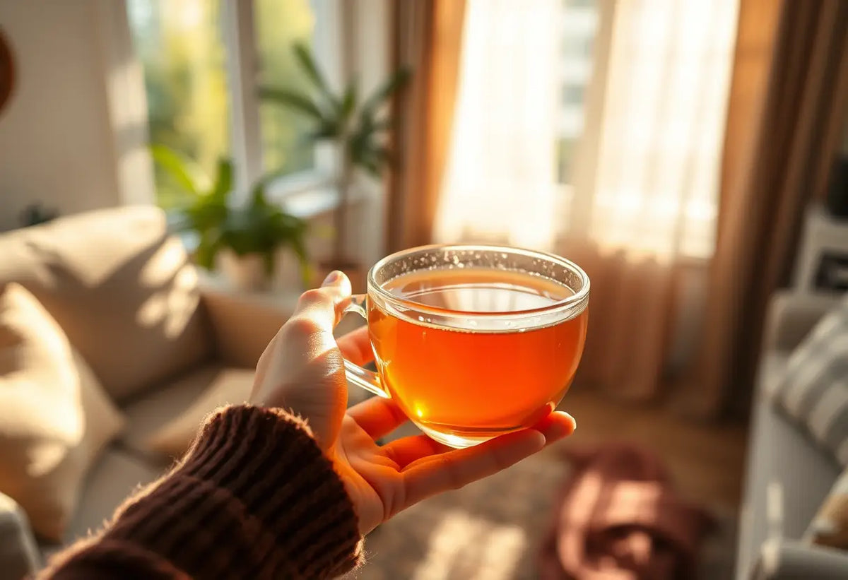 Une main tenant une tasse de thé chaud dans un salon accueillant, douleur suite à la pose d'un stérilet