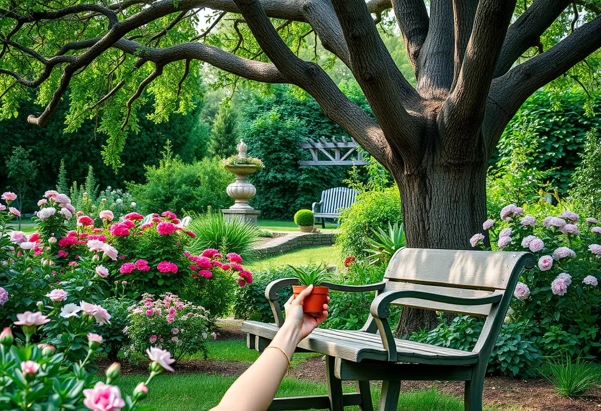 Une main posée sur un banc de jardin entouré de fleurs