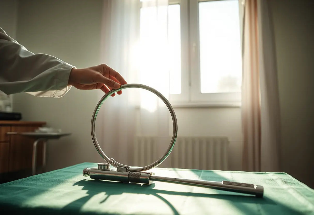 Une main ajuste un grand instrument métallique circulaire sur une table dans une pièce de consultation.