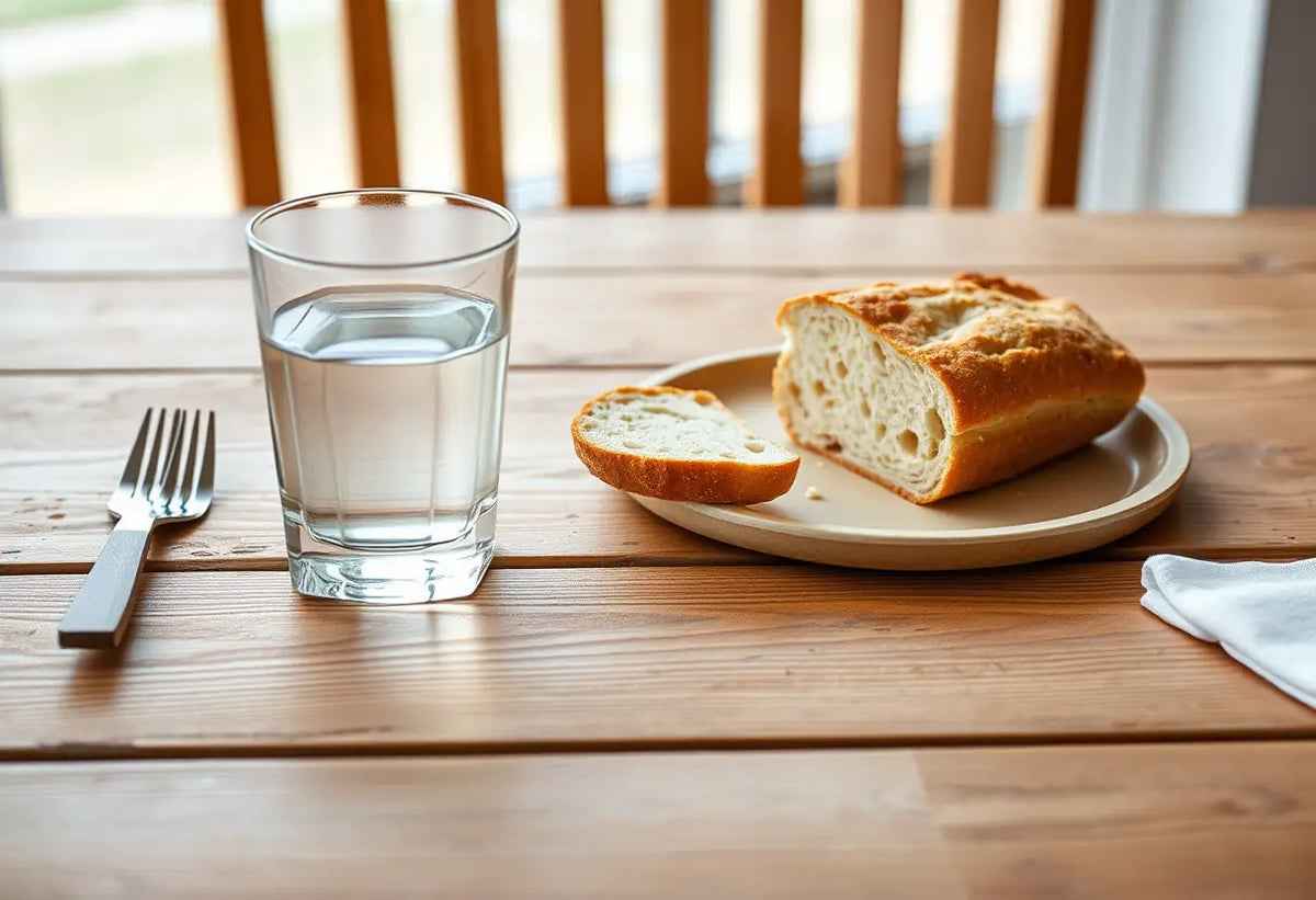 Table de restaurant avec verre d'eau et tranche de pain