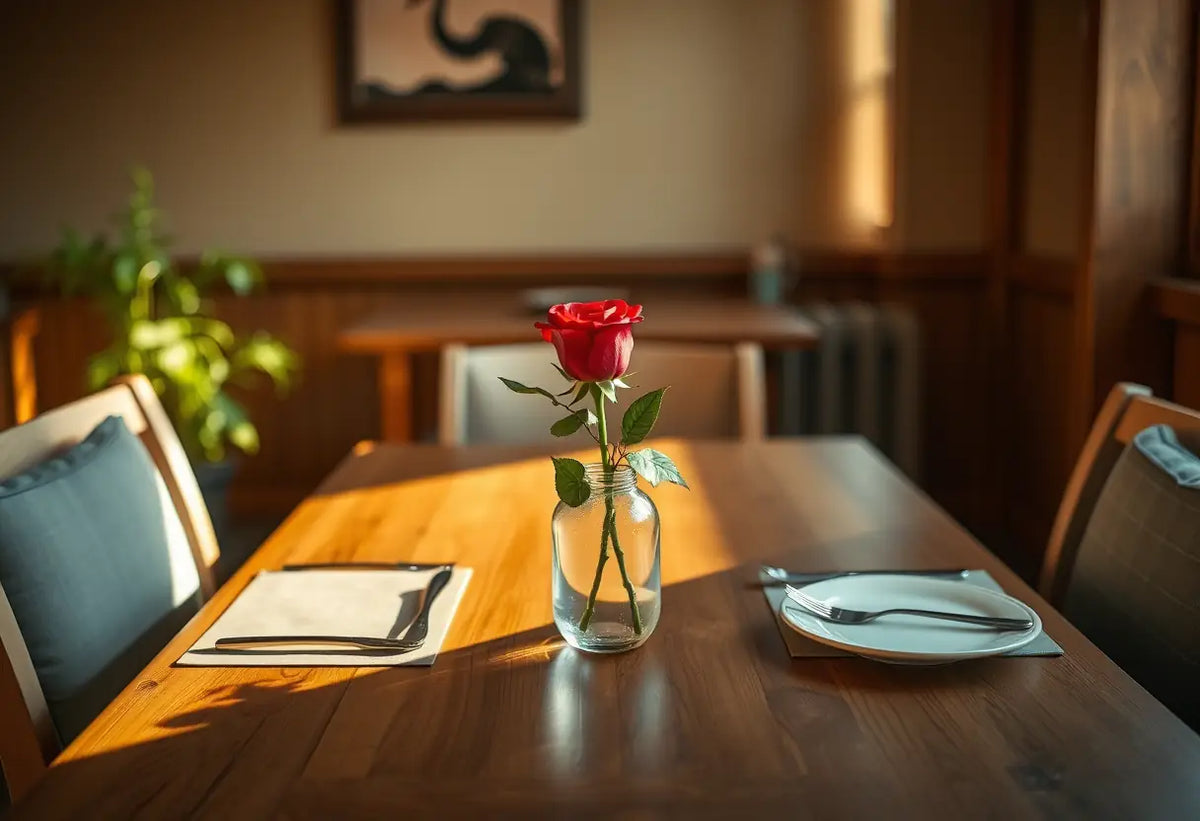 Un couvert romantique sur une table de cuisine pour deux personnes