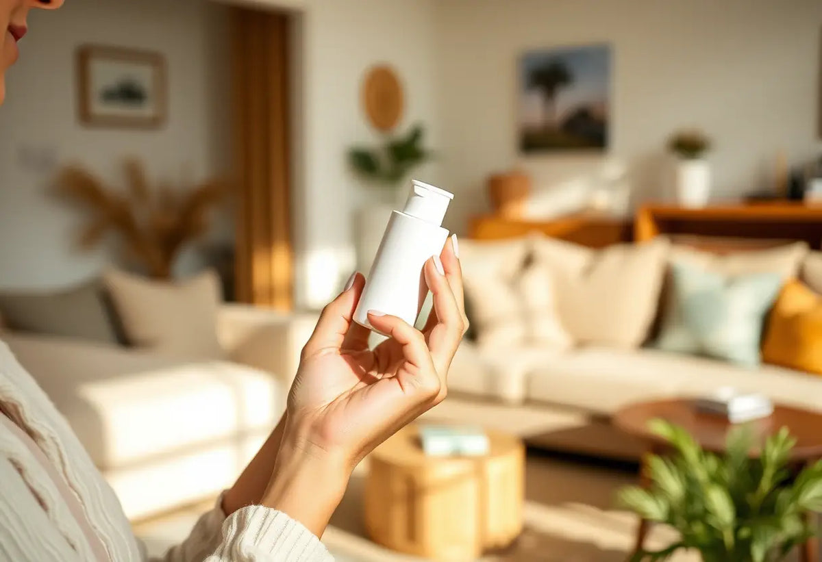 Main de femme appliquant une crème hydratante dans un salon accueillant, douleur génitale ménopause